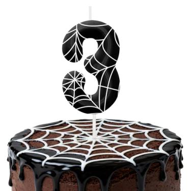 Imagem de Velas de aniversário pretas e brancas para bolo, velas número 3, decorações de aniversário, suprimentos de festa, topo de bolo de teia de aranha para decoração de festa temática para meninos e meninas