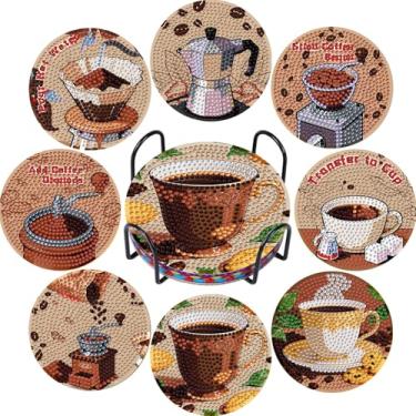 Imagem de CYNART 8 peças de porta-copos de arte de diamante com suporte, porta-copos de pintura de diamante de café, kit completo, porta-copos para mulheres, adolescentes e iniciantes, presente de artesanato