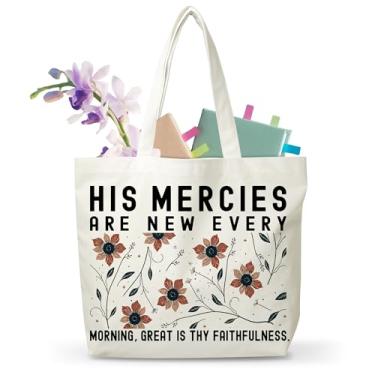 Imagem de JUSITAKEET Sacolas Cristãs para Mulheres, His Mercies Are New Every Morning, Inspirational Bible Verse Totes, Catholic Jesus Nativity Handbag For Family Friends, Bolsa de Estudo da Bíblia -d08