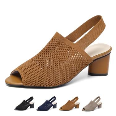Imagem de OXNEUHG Sandálias femininas de malha Peep Toe Slingback salto grosso com tira no tornozelo, moderno, bico fino, recortado, sem costas, salto alto, verão, casual, trabalho, escritório, casamento