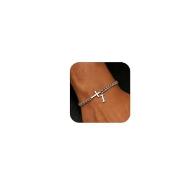 Imagem de chorfla Pulseiras com contas cruzadas masculinas inicial A - Z Faith Cross Bracelets, pulseira de corrente com inicial inicial de aço inoxidável, joia religiosa, presente para homens, One size fits