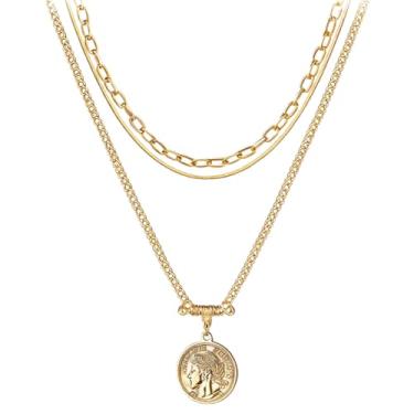 Imagem de Colar de moeda de fio duplo banhado a ouro 18K, pingente de medalhão vintage, corrente ajustável de 45 cm, joias modernas para mulheres