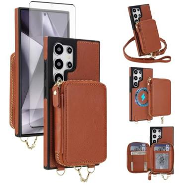 Imagem de Asuwish Capa de celular para Samsung Galaxy S23 Ultra 5G carteira com zíper e protetor de tela, alça transversal 2 em 1 MagSafe bloqueio RFID Flip S23Ultra 23S S 23 23Ultra marrom