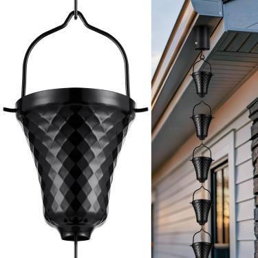 Imagem de Tfro & Cile Corrente de chuva calha preta coletor de calha externa desviador de água decorativo jardim copos de chuva campainha decoração de casa - 2,5 m de comprimento