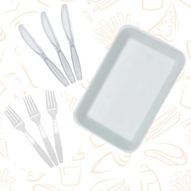 Imagem de Kit com 100 Bandejas de Isopor, 50 Garfos e 50 Facas Descartáveis