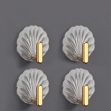 Imagem de Conjunto de 4 ganchos de armazenamento transparentes em forma de concha, sem necessidade de fazer furos, grudar nas paredes sem deixar marcas, adequado para banheiros, cozinhas e entradas