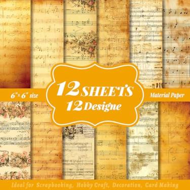 Imagem de 12 peças de cartolina com padrão de música vintage, papéis kraft de 15 x 15 cm, 12 papéis musicais antigos, desenhos de notas musicais de um lado, papel artesanal para fazer você mesmo
