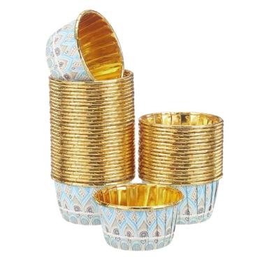 Imagem de HARFINGTON 100 forros para cupcake 100 peças, forros de cupcake de 100 ml, dourados, pequenos copos de panificação, estilo boêmio, para festa de aniversário, festival de casamento, azul/marrom