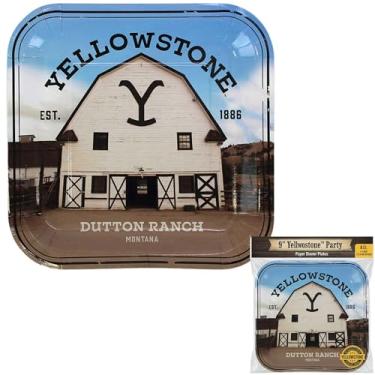 Imagem de Pratos de jantar descartáveis quadrados Yellowstone - 23 cm (8 unidades) - Gráfico Oeste ousado - Perfeito para assistir festas, aniversários com tema ocidental e portas traseiras