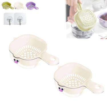 Imagem de Cesta de drenagem de camada dupla de cozinha com alça, escorredor de plástico e conjunto de lavatório para frutas, legumes, macarrão, arroz, tigela de filtro de drenagem fácil para cozinha doméstica