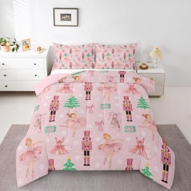 Imagem de Erosebridal Jogo de cama casal, quebra-nozes, princesa bailarina, árvore de Natal verde, laço rosa e nó para decoração de quarto de crianças, meninas, flocos de neve brancos, colcha de presente