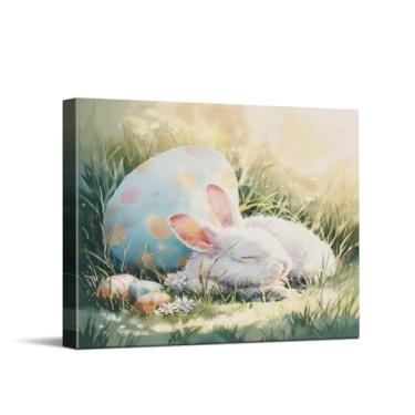 Imagem de CYFDYVT Impressão de arte de parede macia e sonhadora de coelhinho dormindo ao lado de ovos de páscoa primavera para berçário e decoração de casa sazonal arte em tela pastel 20 x 25 cm