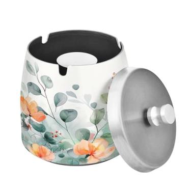 Imagem de Blueangle Cinzeiro de flores em aquarela com tampa para cigarros, à prova de vento/chuva, aço inoxidável, sem fumaça, inodoro, cinzeiro para uso interno ou externo (313)