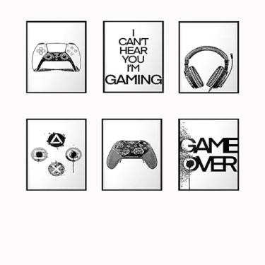 Imagem de PHWWDSUQA 6 peças Impressão de jogo contemporânea, pôster de jogos, design branco, presente mínimo para jogadores, sala de jogos, pintura para sala de estar, quarto, sala de jogos, 30 x 40 cm, sem