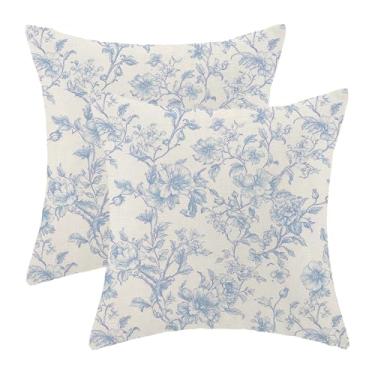Imagem de Capas de almofada vintage azul bebê 45,7 x 45,7 cm, conjunto de 2 almofadas florais chinoiserie, decoração ao ar livre, azul e creme, fronhas de linho para cama, sofá, sofá
