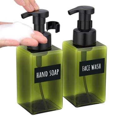 Imagem de Segbeauty Dispensador de sabão de espuma verde recarregável de 450 ml para banheiro com etiquetas, 2 frascos vazios de espuma para xampu para lavagem facial, dispensador de sabonete líquido quadrado
