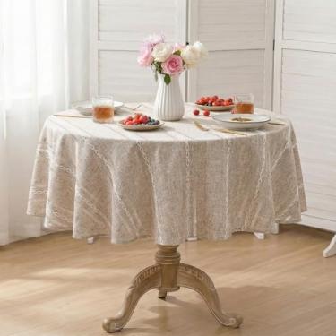 Imagem de Horaldaily Toalha de mesa de linho de algodão leve café 152 x 152 cm redonda, estilo fazenda, toalha de mesa lavável resistente a rugas, capa de mesa bordada com bainha para casa