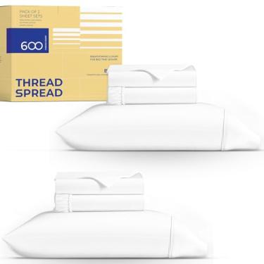 Imagem de THREAD SPREAD Conjunto de lençóis 100% algodão egípcio pacote com 2 lençóis de solteiro GG - 600 fios brancos luxuosos, lençóis de cama de luxo macios, refrescantes para hotéis, cabe em colchões de