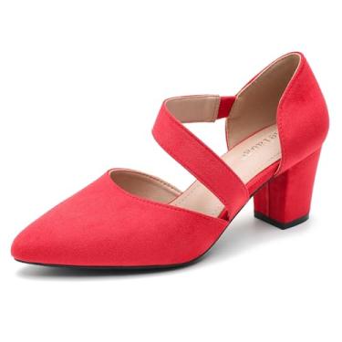 Imagem de Enelauge Sapatos femininos de bico fechado com tiras salto grosso bico fino salto baixo confortável vestido casamento noiva sapatos de formatura, Camurça vermelha, 39