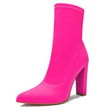 Imagem de sexrosly Bota feminina de salto alto, bico fino, cano médio, cano baixo, salto grosso, elástica, moderna, sexy, para casamento, Rosa neon, 35