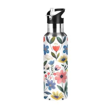 Imagem de Wassud Garrafa de água esportiva de aço inoxidável com canudo garrafas de água com isolamento de palha, copo de flores coloridas portátil de 623 g