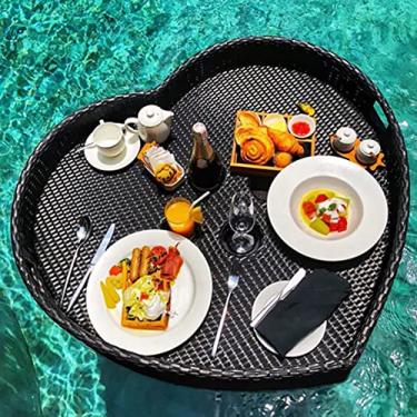 Imagem de Bandeja de vime feita à mão em forma de coração com alça flutuante cesta de frutas redonda tecida à prova d'água multiuso bandeja de servir de vime para pão lanche café da manhã 85 x 82 x 15 cm, WHI