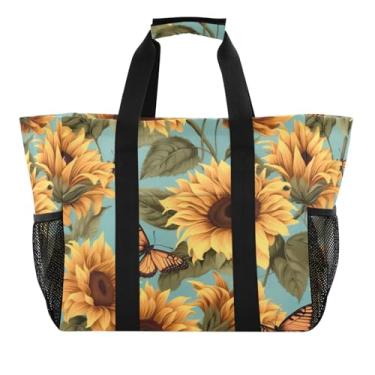 Imagem de Wassud Sacolas de compras reutilizáveis de borboleta de girassol grande bolsa organizadora de lona impermeável para praia, piquenique, lavanderia, viagem