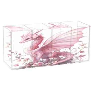 Imagem de Burbuja Porta-canetas de acrílico de flores de dragão rosa, 4 compartimentos, suporte de lápis transparente para pincéis de maquiagem, acessórios de mesa de escritório em casa
