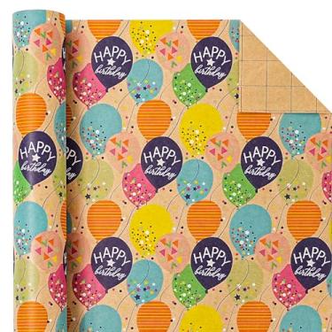 Imagem de WRAPAHOLIC Rolo de papel de embrulho de aniversário Kraft - Mini rolo - 43 cm x 24 cm - balão colorido com design de confetes para meninas, meninos, crianças, chá de bebê, festa