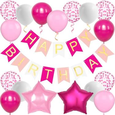 Imagem de Pink Birthday Decorations, Happy Birthday Banner with Star Balloons, 12 Inch Balloons with 2 Ribbons for Woman Party Decorations (Pink)