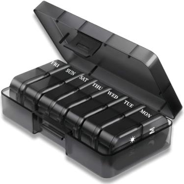 Imagem de Organizador semanal de comprimidos 2 vezes por dia, caixa portátil para viagem, 7 dias, manhã e noite, estojo preto para comprimidos para medicamentos, vitaminas, óleos de peixe, suplementos