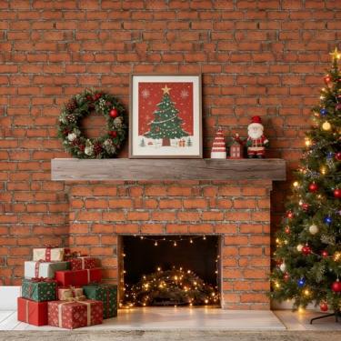 Imagem de TANONE Papel de parede de tijolo vermelho descasque e cole papel de contato espesso 44,5 cm x 300 cm papel de parede autoadesivo removível de tijolo à prova d'água para embrulhar lareira parede Natal