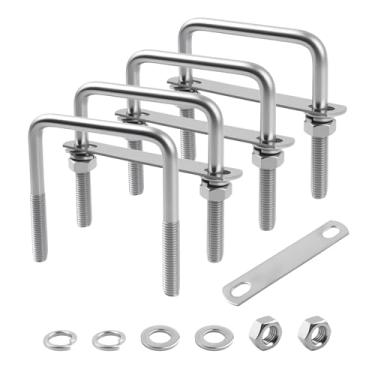 Imagem de 4 peças M10 x 80 x 100 mm parafusos quadrados U 7,6 cm de largura, kit de parafusos em U de aço inoxidável inclui porca/espaçador/placa, parafusos de grampos U à prova de ferrugem fornecem aperto como