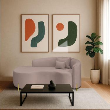 Imagem de Divã Recamier Curvo Sala De Estar Recepção Inglaterra 180cm Pés Metal Dourado Lado Esquerdo Linho Rosê