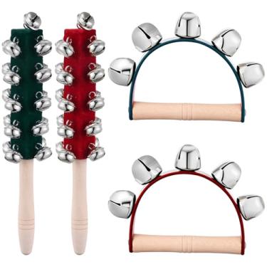 Imagem de 4 peças de sinos de trenó de Natal, sinos de mão de madeira com alças para música de férias, decoração de festa, presentes de aniversário, sinos festivos para celebração de Natal (vermelho, verde)