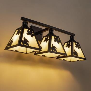 Imagem de TOCHIC Luminárias de banheiro rústicas, luz de vaidade de casa de fazenda de 3 luzes sobre o espelho, arandelas de parede pretas com folhas de bordo, lâmpada de parede regulável para armários, lavabo