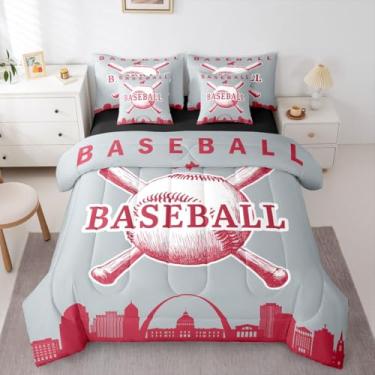 Imagem de Erosebridal Jogo de cama de beisebol com edredom de softball, tamanho casal, cidade de beisebol, 7 peças, decoração de quarto de crianças, adolescentes, adultos, jogos esportivos, (St Lousi), cinza e
