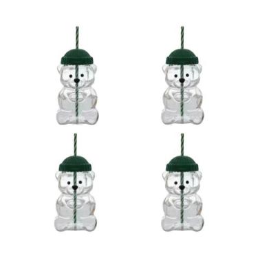 Imagem de Copo De Vidro Transparente Em Forma De Urso Com Tampa Verde E Canudo, 