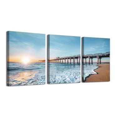 Imagem de daktenn 3 peças de arte de parede de praia pôr do sol decoração de parede decoração de parede oceano praia pôr do sol arte de parede pintura de paisagem 45.7 cm x 61.0 cm x 7.6 cm