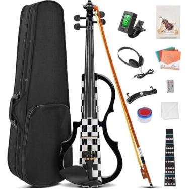 Imagem de VEDO Violino Elétrico, Conjunto de Violino Elétrico Silencioso 4/4, Violino de Madeira Maciça e Metal, com Acessórios em Ébano, Kit para Iniciantes Adultos e Adolescentes (Xadrez Preto e Branco)
