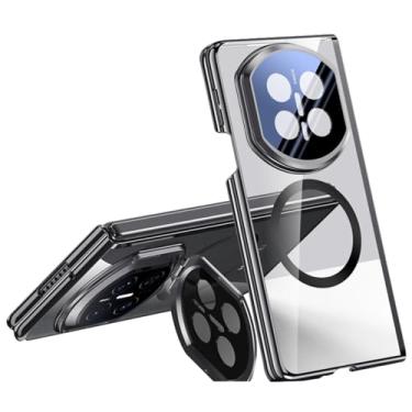 Imagem de POYUFRG Capa magnética para Huawei Mate X7, capa de proteção de dobradiça transparente galvanizada de luxo com capa de suporte de lente de metal, preta, Mate X7