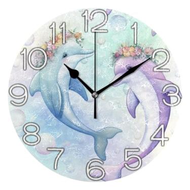 Imagem de Relógio de parede analógico decorativo para sala de aula, escritório, silencioso, arte de parede, boêmio, decoração de casa, golfinhos fofos, azul pastel, 25 cm, ponteiros pretos