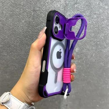 Imagem de Capa de celular Armor Candy Color Clash para iPhone 11, 12, 13, 14, 15, 16 Pro Max Plus com suporte e alça de pulso, roxa, para iPhone 16 Pro