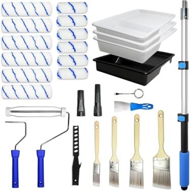 Imagem de Qrenia Kit de rolo de pintura com mastro de extensão de 6 a 10 metros para pintura de casa - Conjunto completo de pintura doméstica com capas de rolo de tinta de 23 e 10 cm, bandeja, pincéis de tinta