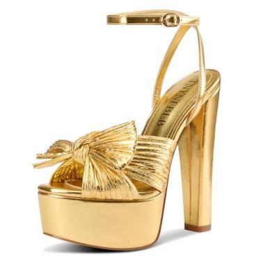 Imagem de TNYNFBEB Sandália feminina de salto plataforma alta com bloco grosso, bico aberto, tira no tornozelo, fivela de duas peças, laço e nó básico, clássico, salto de 14 cm, Dourado, 35
