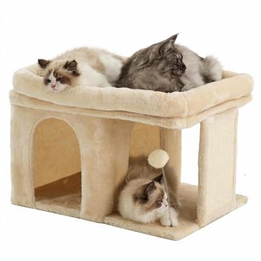 Imagem de Heybly Árvore para gatos, torre para gatos de 35,5 cm com cama de poleiro grande e condomínio para gatos internos grandes adultos, casa para gatos com postes para arranhar e bolas de primavera
