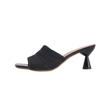 Imagem de Sandália feminina casual de uma tira de bico quadrado de malha superior de salto baixo confortável para primavera verão plus size, Preto, 34