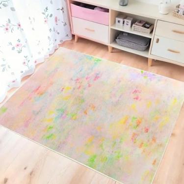 Imagem de Lacomfy Tapete de área infantil pastel, 9 x 1,5 m, tapete rosa para quarto de meninas, quarto de crianças, macio, antiderrapante, multicolorido, lavável, moderno, abstrato, arco-íris, decoração para