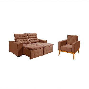 Imagem de Kit Sofá Retratil Reclinável Bari 1,90 Pillow Mais Poltrona Florença Em Veludo Canela Marrom