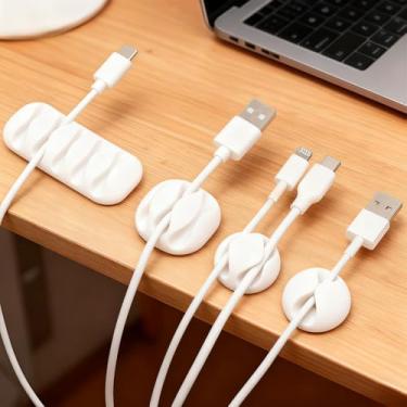 Imagem de 10 clipes autoadesivos para cabos, conjunto organizador de cabos TPR de tamanho misto (4 x 2 compartimentos, 2 x 1/3/5 compartimentos) para mesa, casa, escritório, branco
